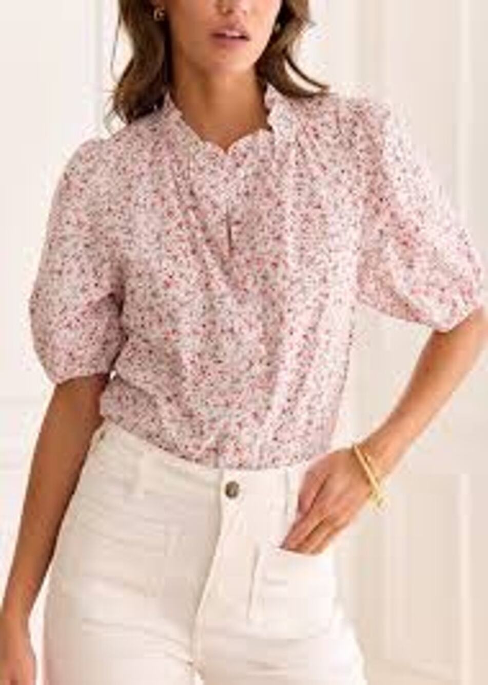 Hyacinth House Tuckernuck XS Pink Floral Puff Sleeve Ruffle Collar Blouse